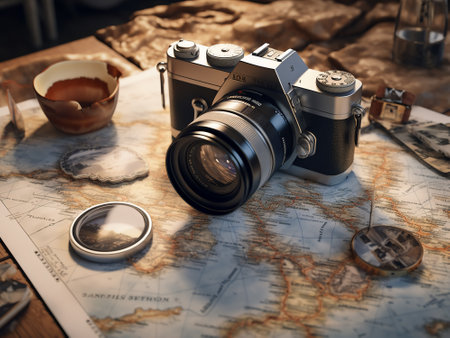 Vintage camera on old map. Travel concept. Vintage style.の写真素材