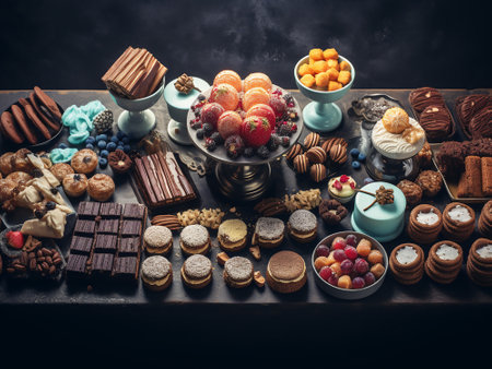 Variety of confectionery products on wooden table. Toned.の写真素材