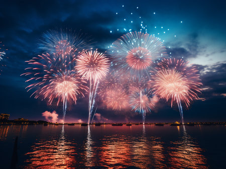 Colorful fireworks of various colors over night sky with reflection on waterの写真素材