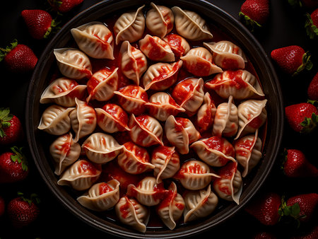 Russian ravioli with strawberries on a black background. Toned.