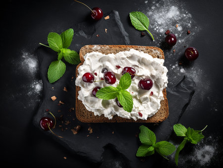 Rye bread with cream cheese, cherry and mint on black backgroundの写真素材