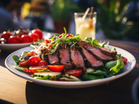 Grilled beef steak with arugula salad and cherry tomatoes on wooden tableの写真素材