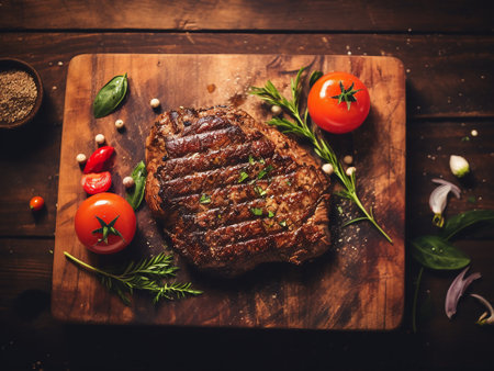 Grilled beef steak with herbs and tomatoes on wooden cutting board.の写真素材