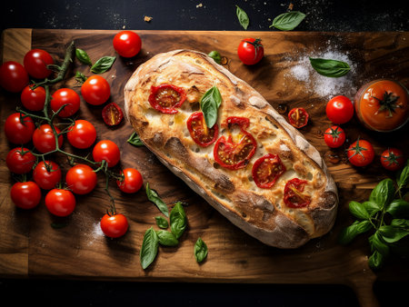 Italian focaccia bread with tomatoes and basil on a wooden boardの写真素材