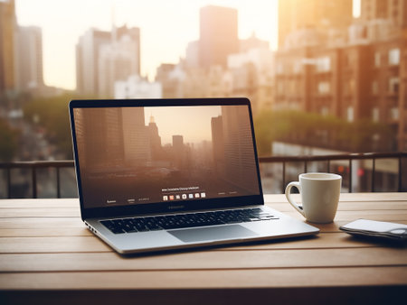 Laptop on the wooden table with a cup of coffee in the cityの写真素材