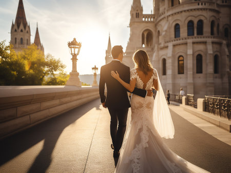 gorgeous wedding couple celebrating their wedding day in Budapest, Hungaryの写真素材