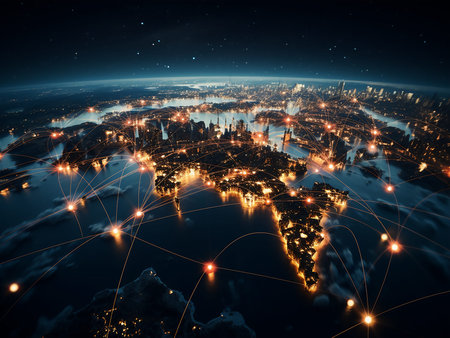 Southeast Asia from space on planet Earth at night. Concept of digital communication and technology....