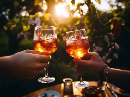 Two glasses of wine on the table in the garden at sunset.の写真素材
