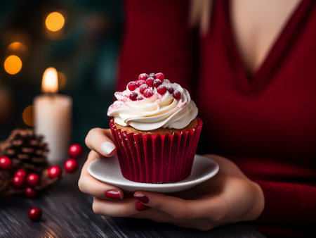 Christmas cupcake with whipped cream and cranberries in female hands.の写真素材
