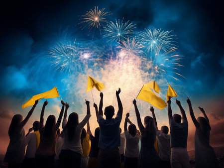 Group of people holding flag and fireworks on sky background. Mixed mediaの写真素材