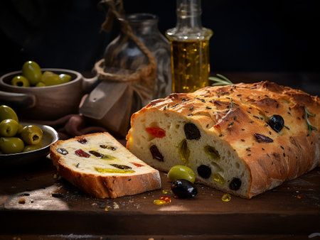 Traditional Italian focaccia bread with olives and olive oilの写真素材