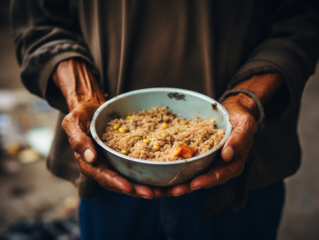 Hands of a poor beggar man holding a bowl of riceの写真素材