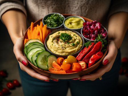 Female hands holding bowl with hummus, vegetables and herbs. Healthy eating concept.の写真素材