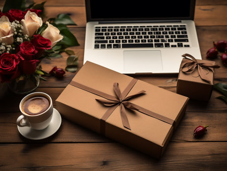Gift box and flowers with laptop on wooden table, valentines day conceptの写真素材