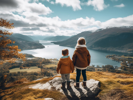 Little boy and girl standing on top of a mountain and looking at the lakeの写真素材