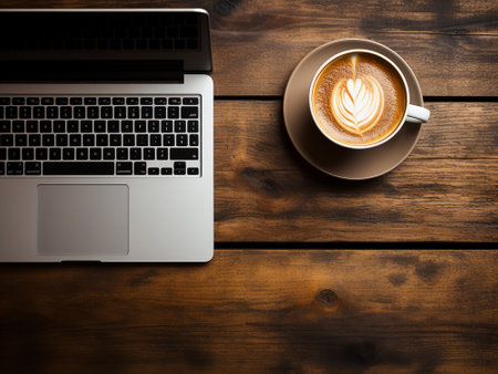 Coffee cup and laptop on wooden table. Top view with copy spaceの写真素材