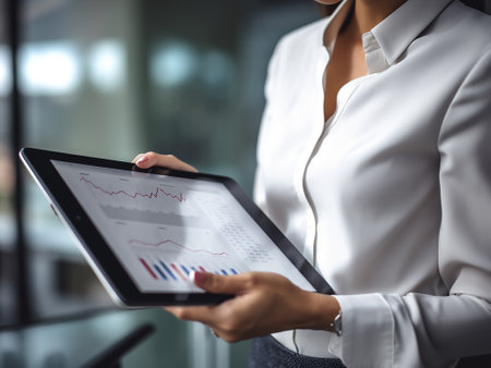 Close-up of businesswoman using digital tablet with chart on screenの写真素材