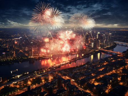 New York City skyline at night with firework over Hudson River.の写真素材
