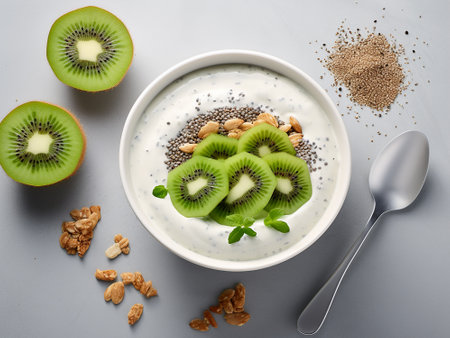 Yogurt with kiwi and chia seeds on a gray backgroundの写真素材