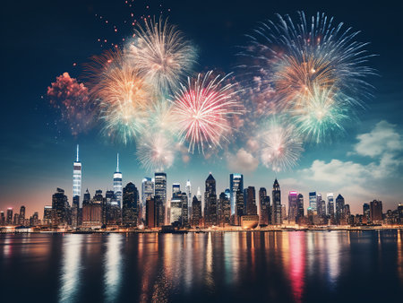 New York City Manhattan skyline with colorful fireworks at night, USA.の写真素材
