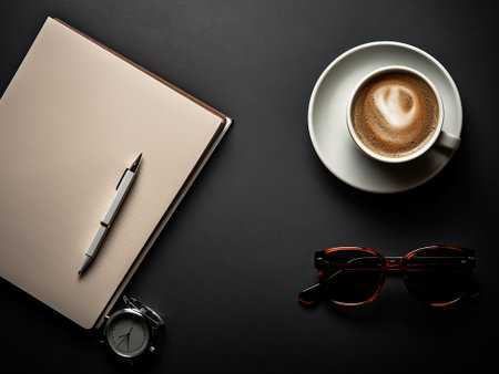 Cup of coffee, notebook and glasses on a black background.の写真素材