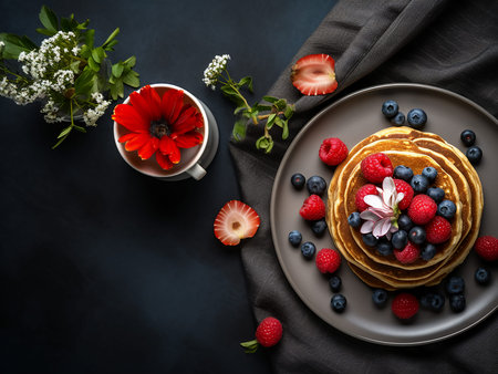 Plate with tasty pancakes and berries on dark background, top viewの写真素材