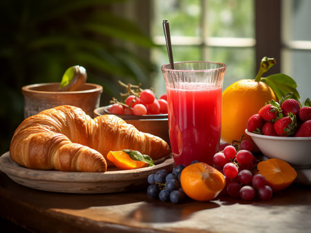 Breakfast with croissant, juice and fruits on wooden tableの写真素材
