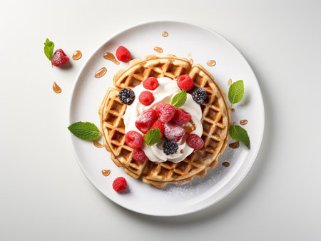 Plate with Belgian waffles and fresh berries on white backgroundの写真素材