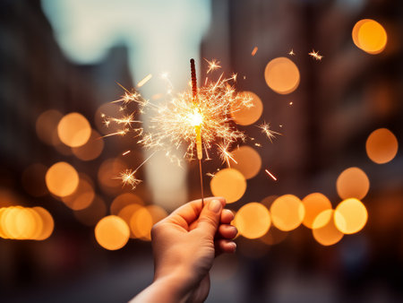 Woman hand holding sparkler on bokeh background. New Year conceptの写真素材