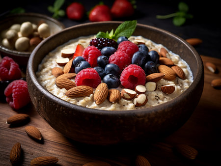 Oatmeal with berries and nuts on a wooden background. Selective focus.の写真素材