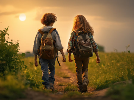 Back view of two children with backpacks walking in the field at sunsetの写真素材