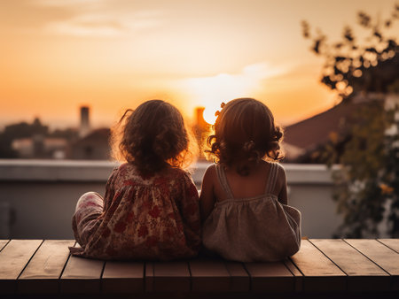 two little girls sitting on the roof and looking at the sunset.の写真素材