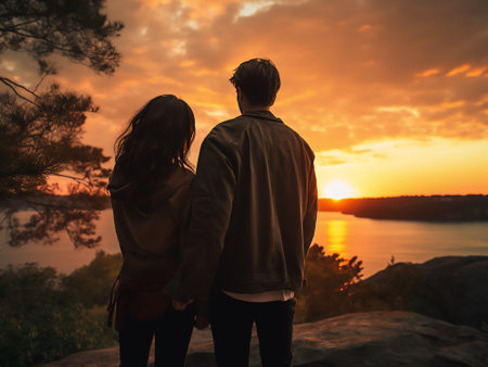 Back view of young couple standing on a cliff and looking at the sunsetの写真素材