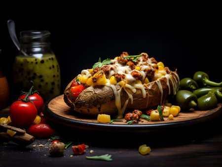 Baked potato with meat, cheese and vegetables on a black backgroundの写真素材