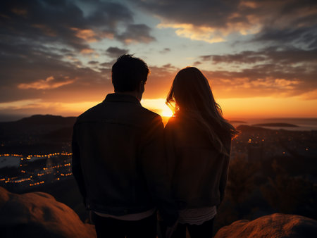 Silhouette of romantic couple looking at sunset in the mountains.の写真素材