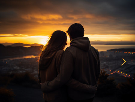 Young couple in love on the background of the setting sun in the mountainsの写真素材