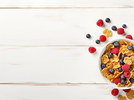 Cornflakes with fresh berries on white wooden table, top view