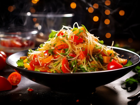 Papaya salad with fresh vegetables on a dark background. Selective focus.の写真素材