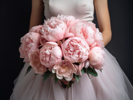 Bouquet of pink peonies in the hands of the brideの写真素材