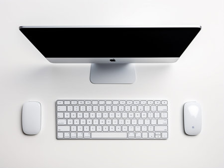 Modern desktop computer with keyboard and mouse isolated on white background, top viewの写真素材
