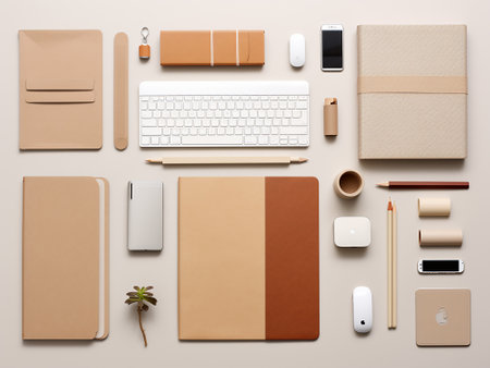 collection of various stationery on a beige background. top viewの写真素材