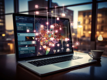 Conceptual image of social media interface against laptop on table in office