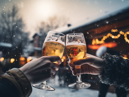Two female hands clinking glasses of champagne on a snowy city streetの写真素材
