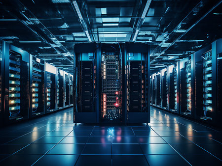 server room data center with rows of server hardware. 3d rendering