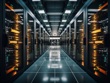 server room data center with rows of server racks. 3d renderingの写真素材