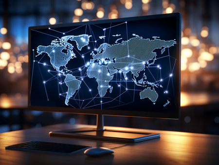 Computer screen with world map on blurry background. 3D rendering.