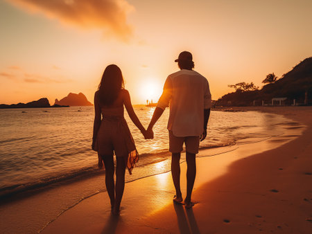 Couple holding hands and walking on the beach with sunset background.の写真素材