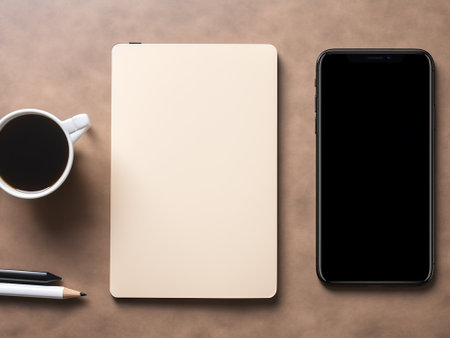 Top view of modern workspace with coffee cup, smartphone and notebook. Mock upの写真素材