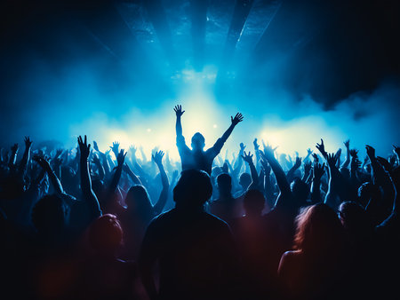 Silhouette of a concert crowd at a music festival with raised hands