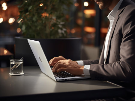 Businessman working on laptop in cafe, closeup. Space for textの写真素材